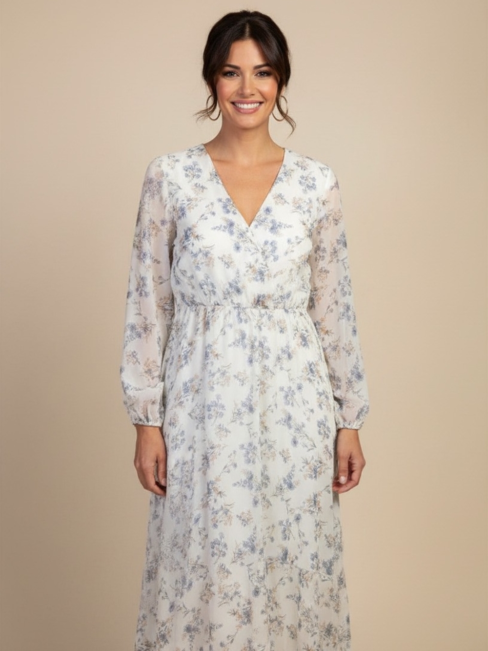 Simplee Apparel Cream Maxi Dress with Light Blue Floral Print